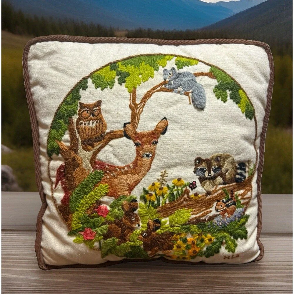 Vtg 70s Sunset Crewel Woodland Animal Throw Pillow Brown Corduroy Back Owl Fawn